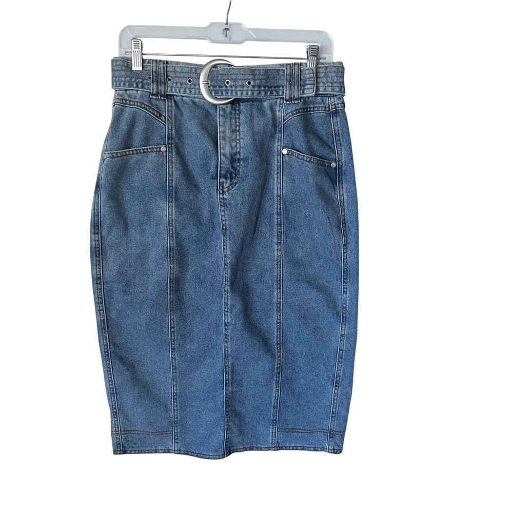 Indigo Poppy Alexis Pencil Skirt Medium Wash Belted Denim Midi Medium